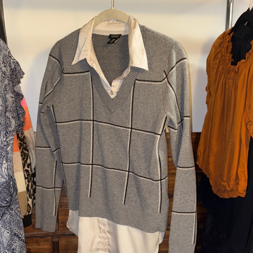 Gray V-Neck Sweater with White Collared Shirt